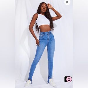 PRETTYLITTLETHING Tall Mid Blue Split Front Skinny Jeans 10